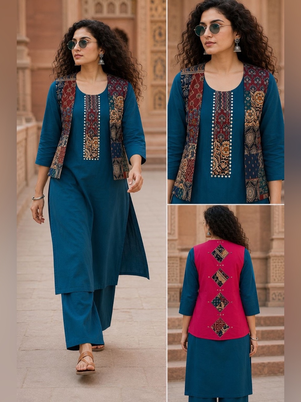 Teal Kurta Set with Printed Jacket